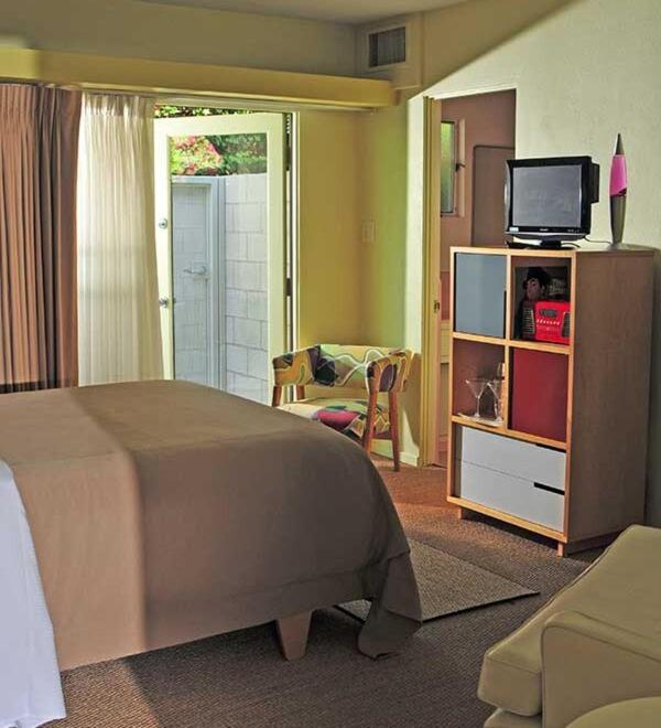 Queen Room with Garden View at Orbit In - 21 and Over - A Town & Desert Boutique Hotel